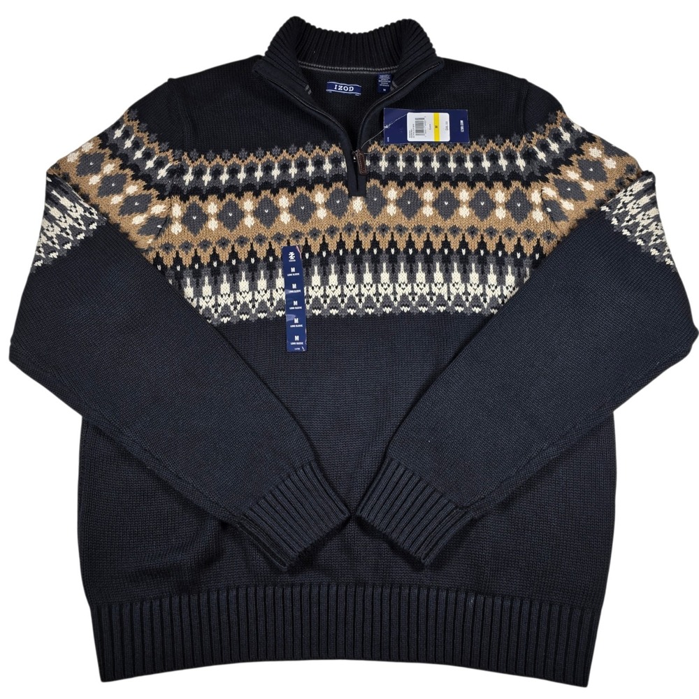 IZOD Holiday Fair Isle Black/Tan Knit 1/4 Zip Pullover Sweater- Men's Size M NWT
